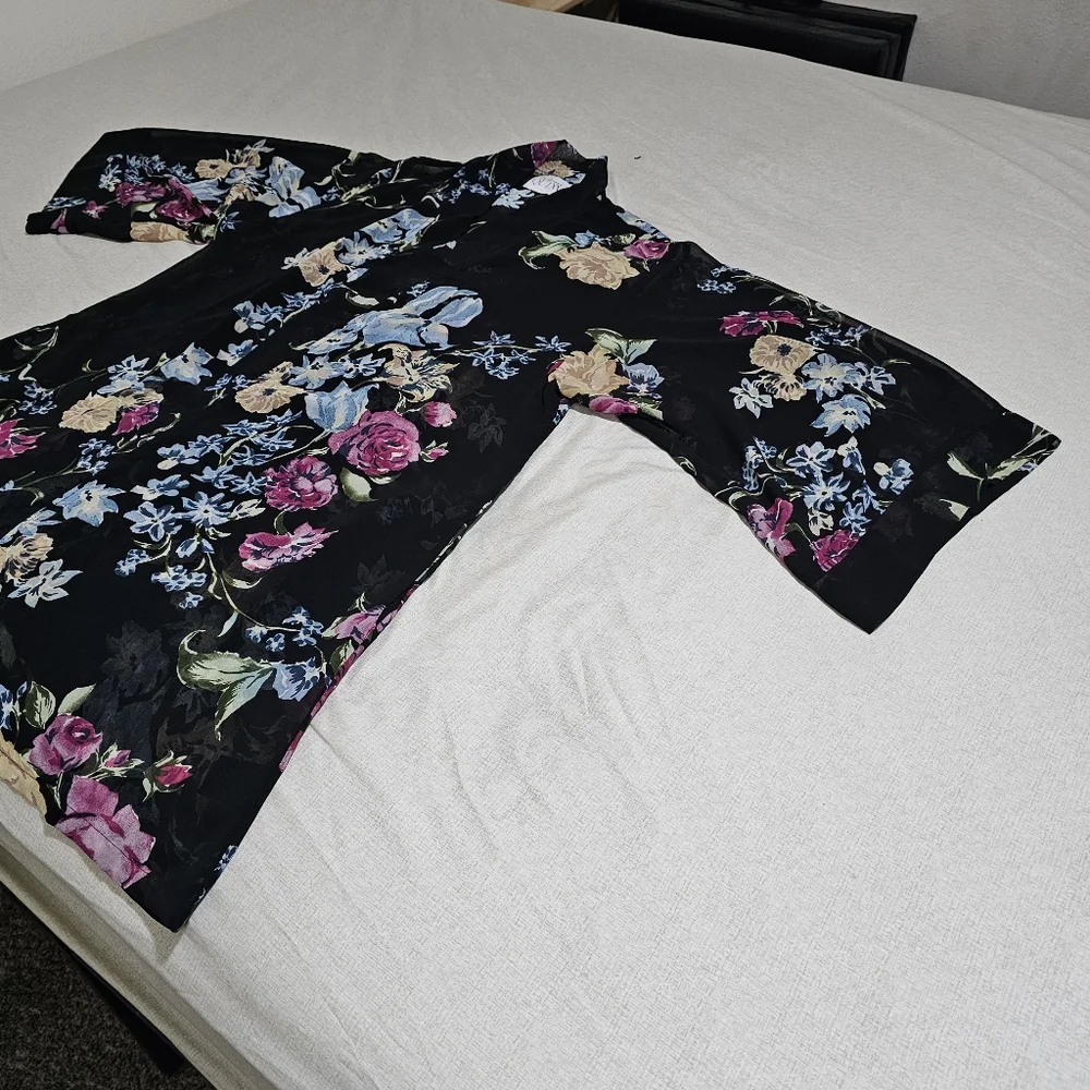 helena Quinn Georgette Kimono Coverup Sheer Black Floral One Size Fits All - Picture 10 of 16